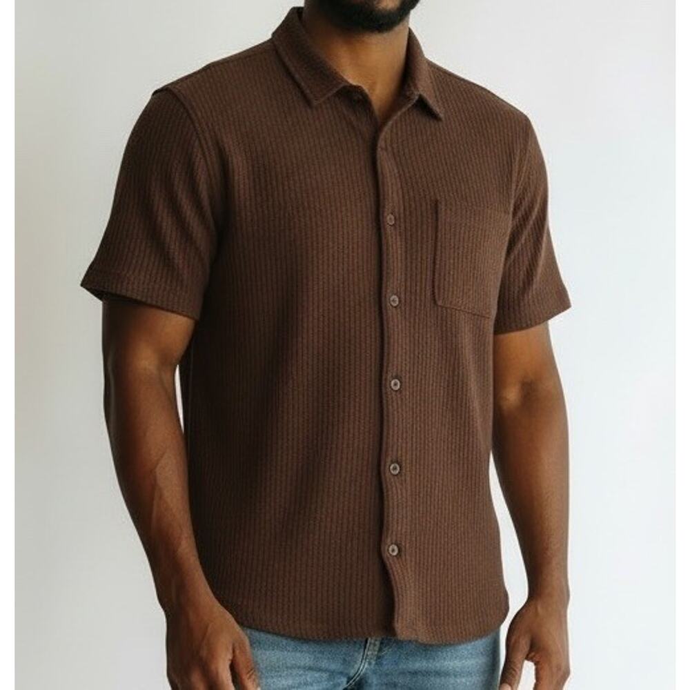 Men's Casual Button Down Shirts Short Sleeve Size M Brown